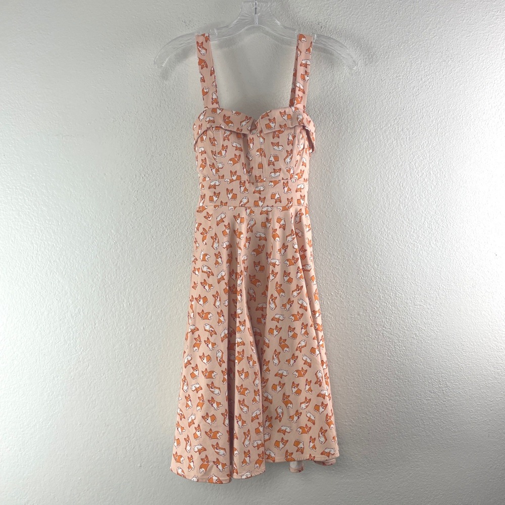 Ixia Corgi Print Fit and Flare Dress XXS/XS Peach Kawaii Retro Novelty Kitsch